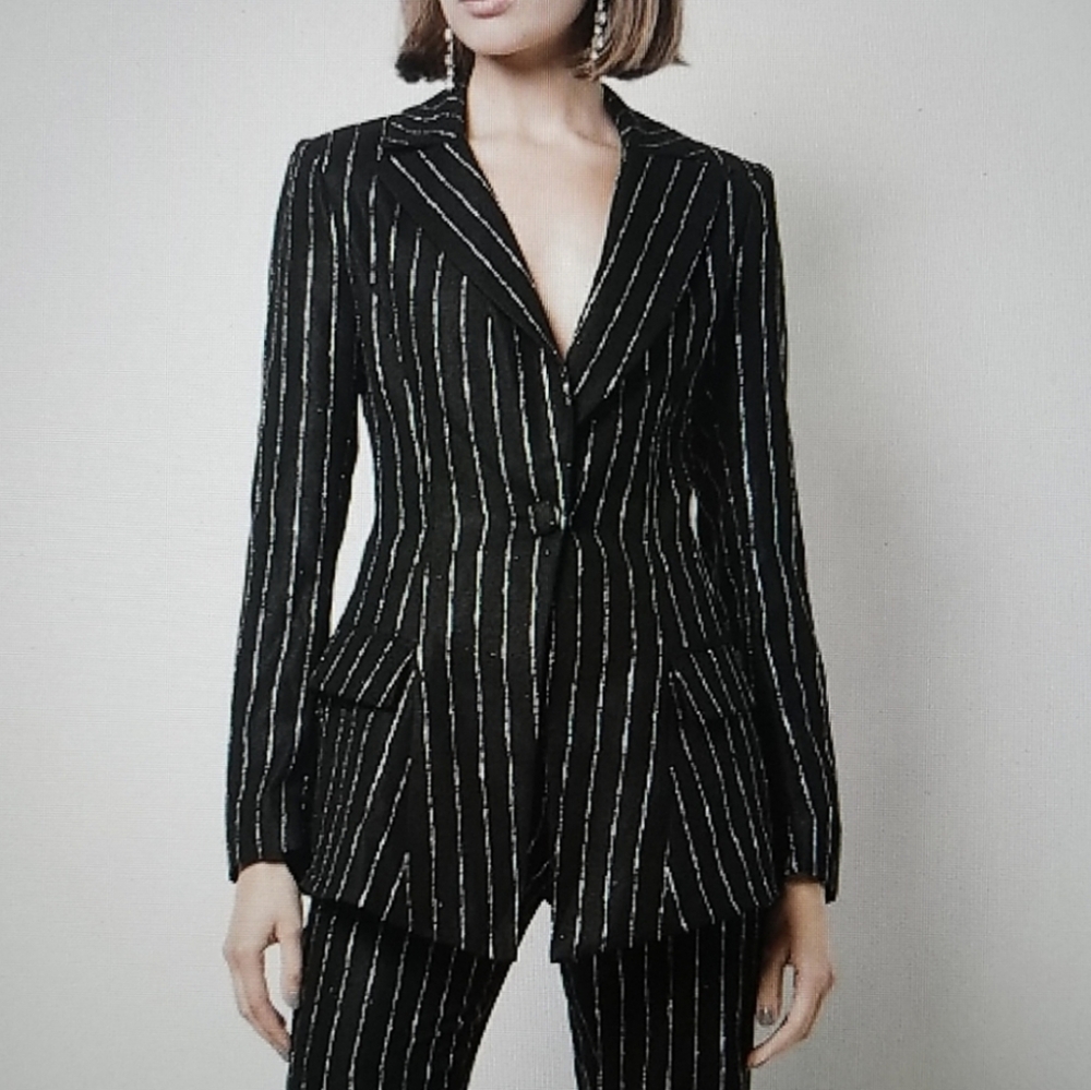 Christian Siriano Designer Black Silver Metallic Pinstripe Blazer Women’s Jacket